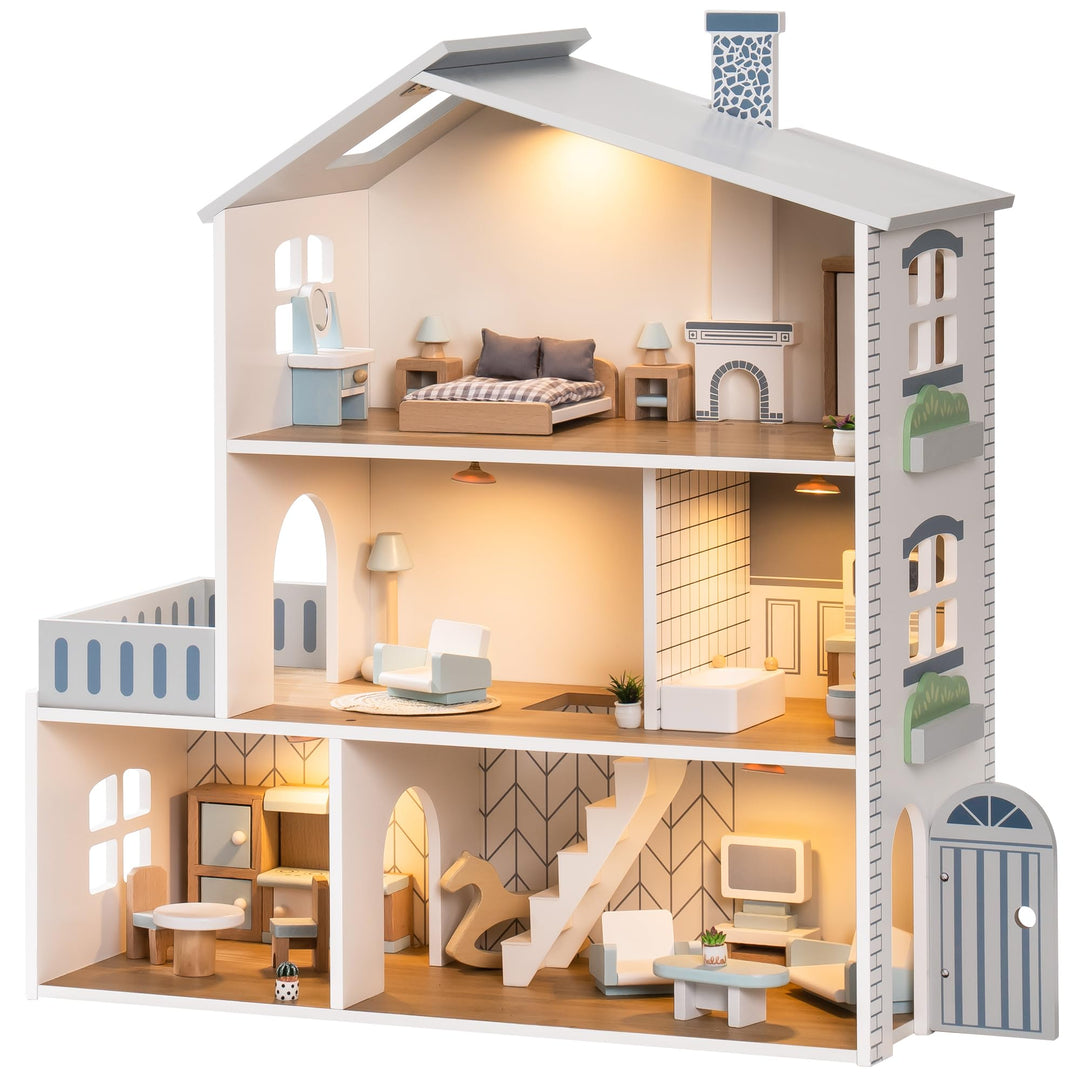 ROBUD Puppenhaus aus Holz Lichtern,3 Etagen, inklusive Möbeln und Treppe,Spielzeug für Kinder ab 3 J