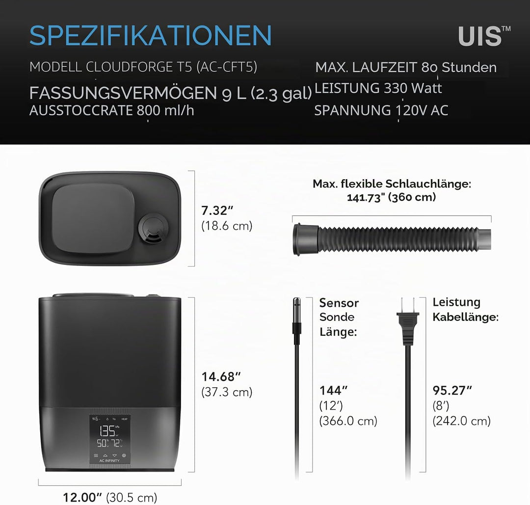 AC Infinity CLOUDFORGE T5, Warmnebel Pflanzenbefeuchter 9L mit VPD Luftfeuchtigkeit 10-stufige Steue