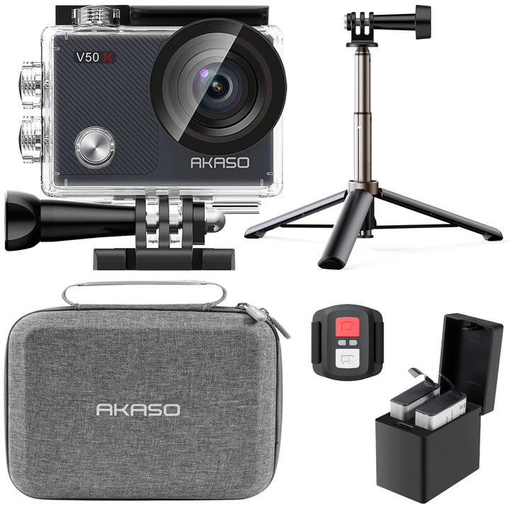 AKASO Action Cam 4K30FPS mit 60cm Stativ Selfie Stick und Tasche Unterwasserkamera WiFi 40M EIS Anti