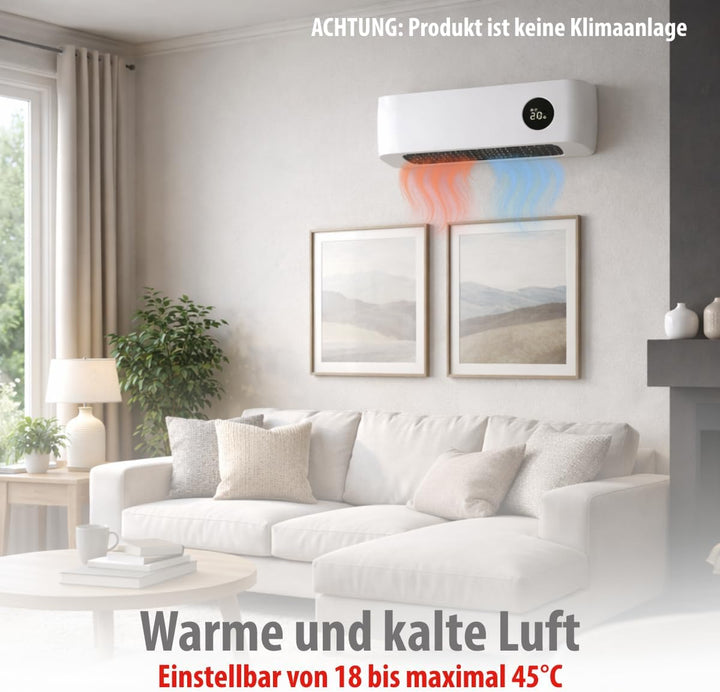 alpina Wand Heizlüfter 2000W – Keramik Heizstrahler mit 2 Leistungsstufen und Timer – Digital Thermo