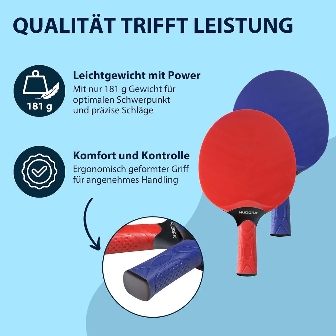 HUDORA Tischtennis Set Outdoor - hochwertiges Tischtennisschläger Set mit 2 Schlägern &amp; 3 Bällen - P