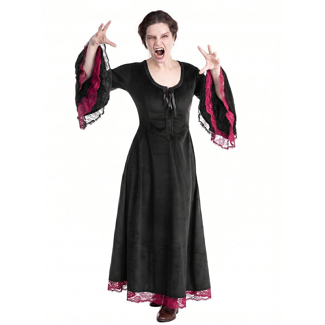 Maskworld Gothic Vampirkleid mit Spitze – Langes Damen Maxikleid mit Samt-Optik &amp; Trompetenärmeln -