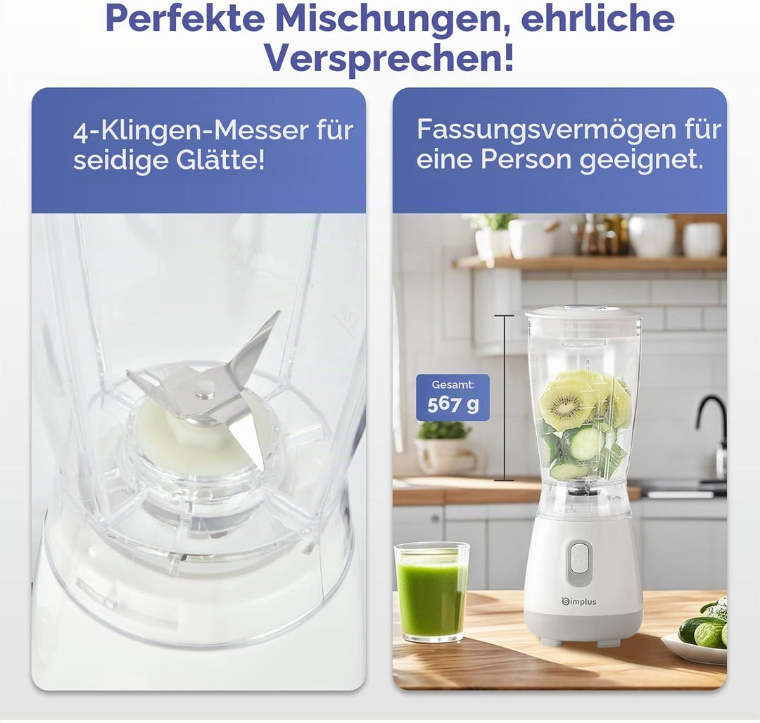 SIMPLUS Standmixer 600 ml Hellgrau, kompakter Smoothie Mixer mit 23000 U/min, 250W Küchenmixer mit 4