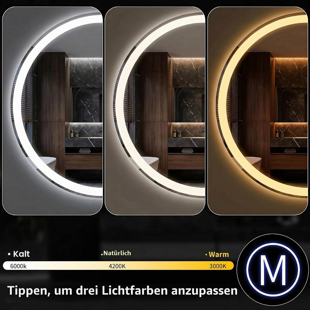 Koonmi runder LED Badspiegel 50 cm, dimmbar Rund 51L x 51B cm, Rund 51L x 51B cm