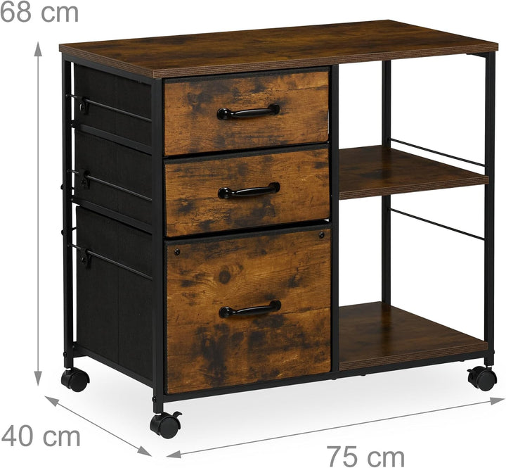 Relaxdays Rollcontainer Industrial-Design, braun/schwarz | Aktenschrank, 3 Schubladen, Hängeregister