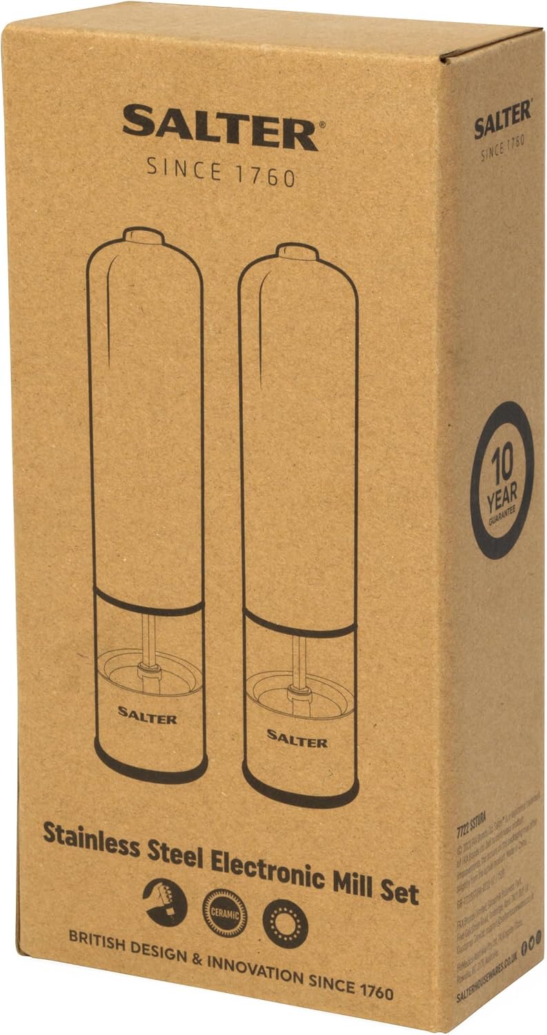 Salter Gewürzmühle Elektrisch 2er Set, Salz und Pfefferstreuer mit LED-Beleuchtung, Edelstahl Gewürz