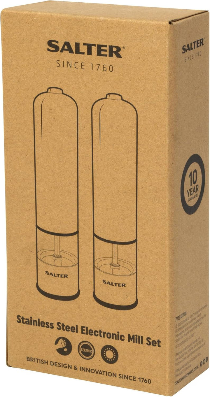 Salter Gewürzmühle Elektrisch 2er Set, Salz und Pfefferstreuer mit LED-Beleuchtung, Edelstahl Gewürz