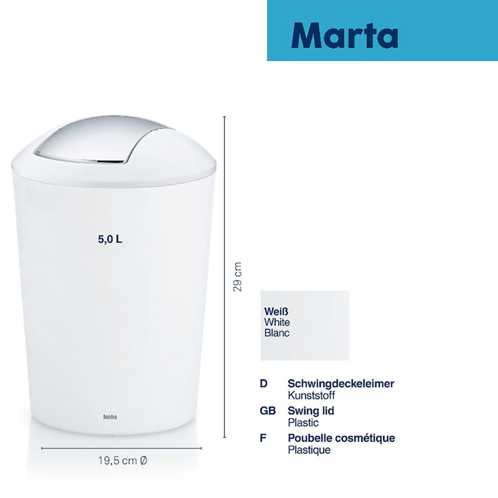 kela Schwingdeckeleimer weiss, Kosmetikeimer 5l mit Schwingdeckel, Kunststoff, MARTA, Mülleimer Bade