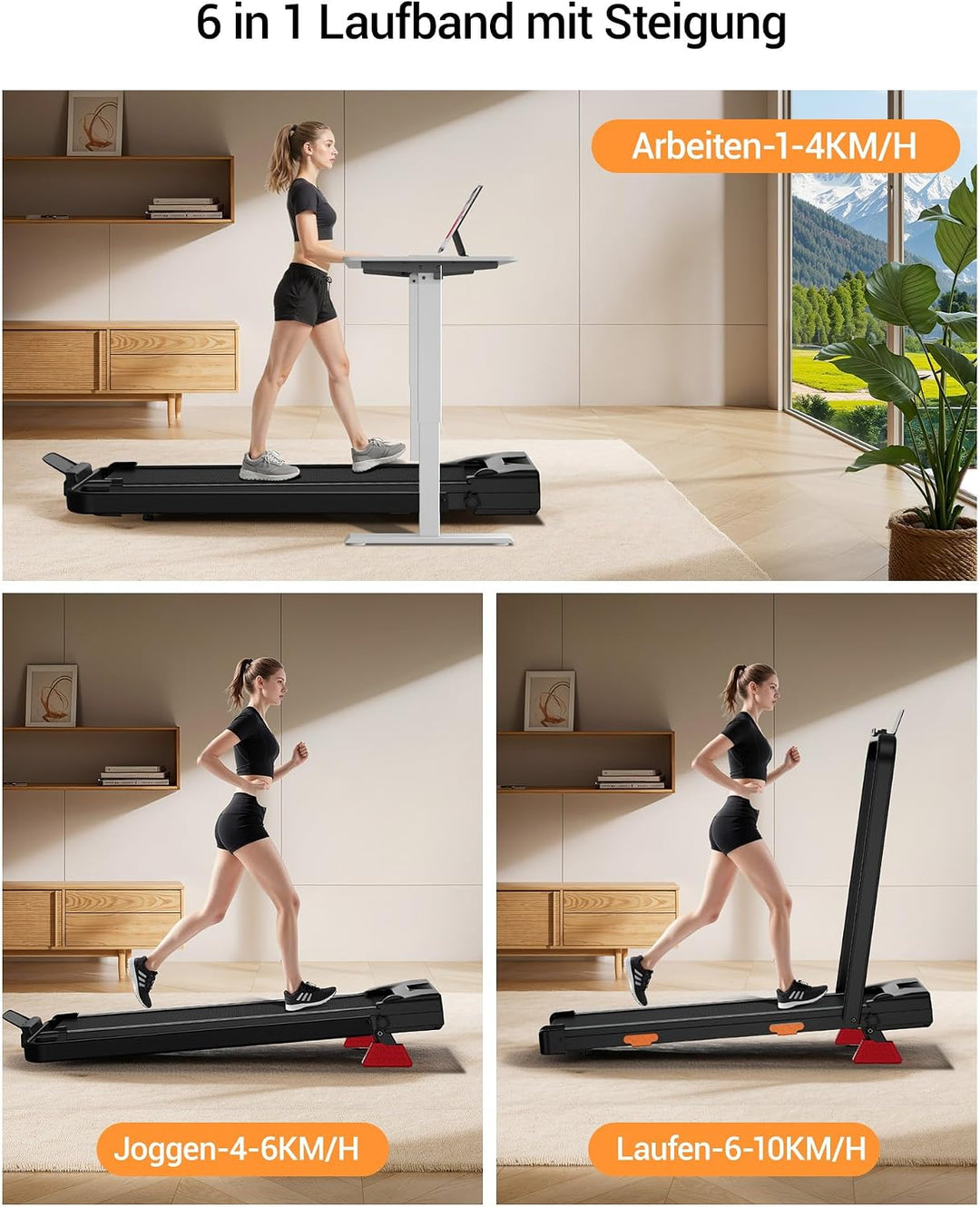 UMAY Laufband für Zuhause Klappbar mit Steigung 15% Schwarz, Schwarz