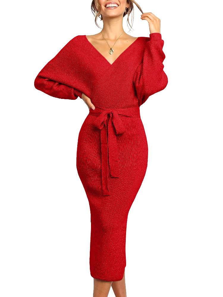 Saodimallsu Damen V-Ausschnitt Pulloverkleid Strickkleid Langarm Pullover Schlitz Offener Rücken Fig