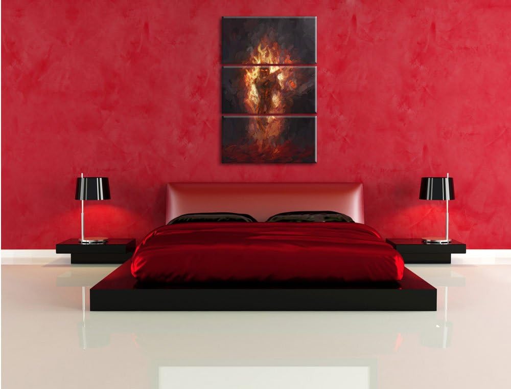 Pixxprint Verdunkelter Dämon des Feuers / 3-Teilig/Gesamtmass 120cm Leinwandbild bespannt auf Holzra