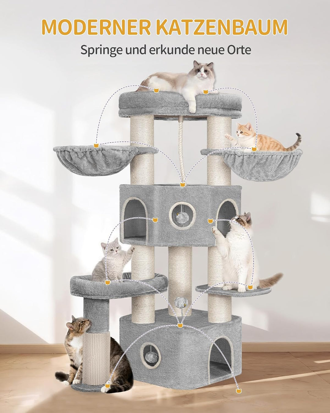 Hzuaneri Kratzbaum, 163 cm Katzenbaum, 11 cm d Dicke Sisalstämme, für Grosse Katze, 2 Höhlen, Geräum