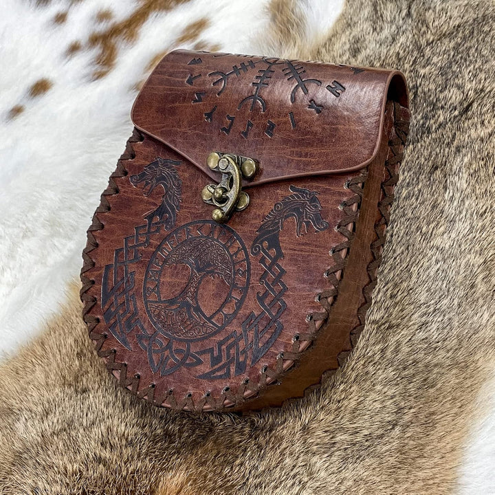 Mittelalterliche Gürteltasche, Braune Nordische Geprägte Gürteltasche, Drache Fenrir Wolf Ledergürte