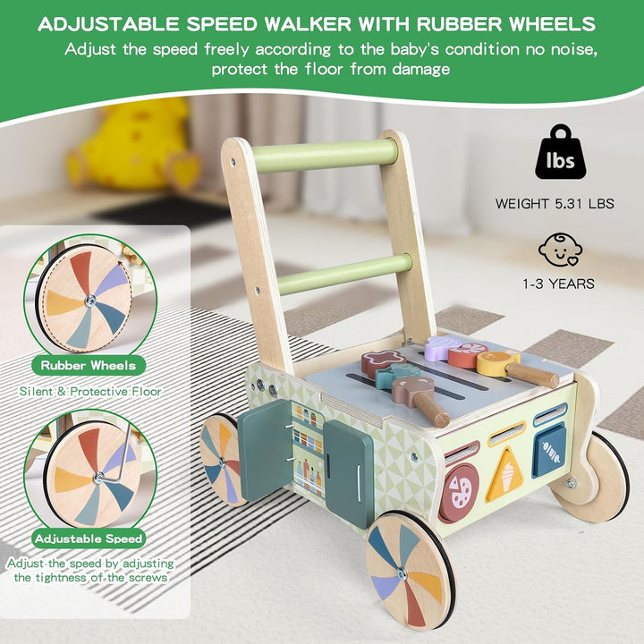 Baby Walker Multifunktional Lauflernhilfe aus Holz ab 1+ Jahr, Montessori Schiebewagen Gehfrei Laufl