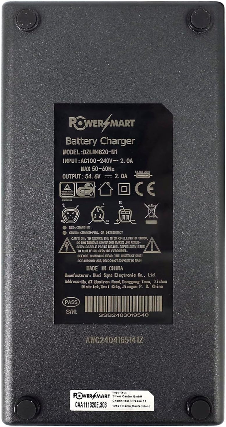 PowerSmart 54,6V 2A Ladegerät für 48V Akku von Fischer (2022 Modell) Montis EM 1724, EM 1724.1, Mont