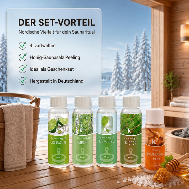 KK Sauna -Set mit Salz Peeling | KK Saunaaufgussset "Skandinavien" 4 x 100 ml + 200 g KK Saunasalz "