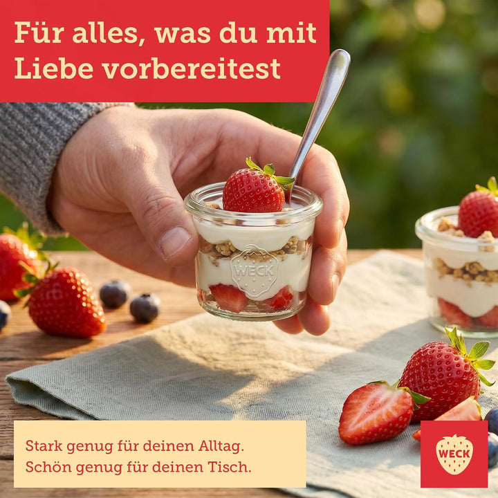 Weck Gläser 65ml – 12er Set mit Deckeln – Sturzform – robuste, stapelbare Dessertgläser, Einkoch- &amp;