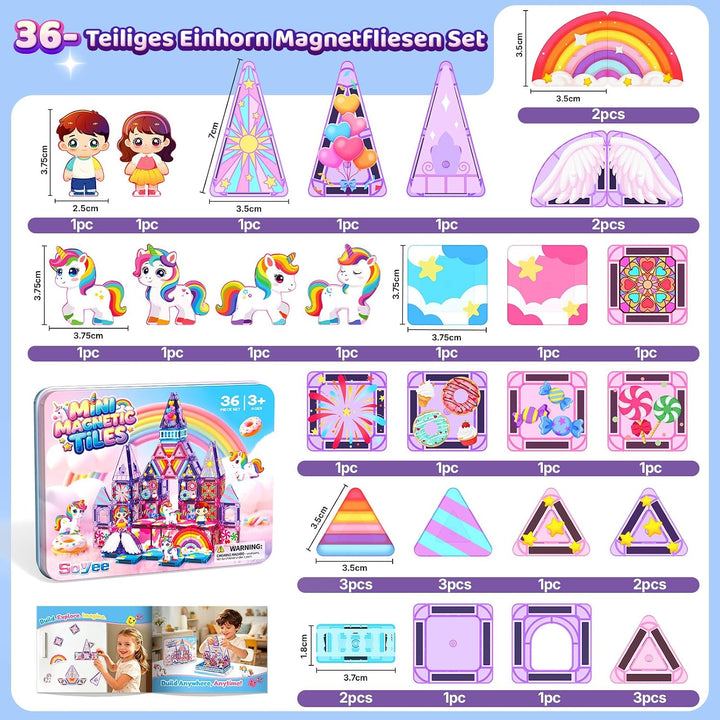 Magnetische Bausteine mit 4 Einhörnern, 36er Mini Magnetbausteine für Kids