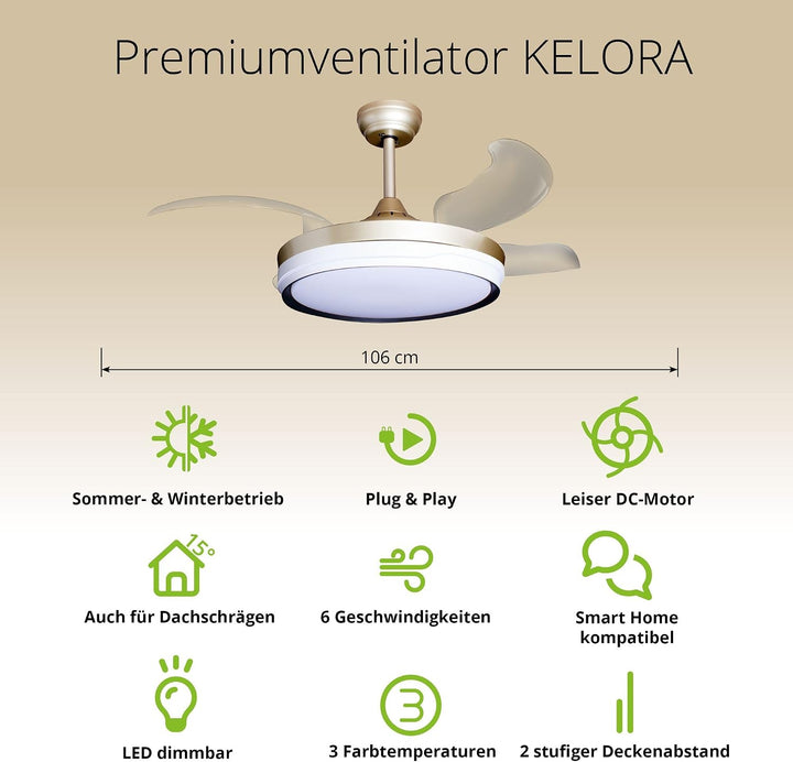 Eclipse Deckenventilator mit Beleuchtung, Leise mit 6 Windstufen, App Goldfarbene Basis Kelora, Gold