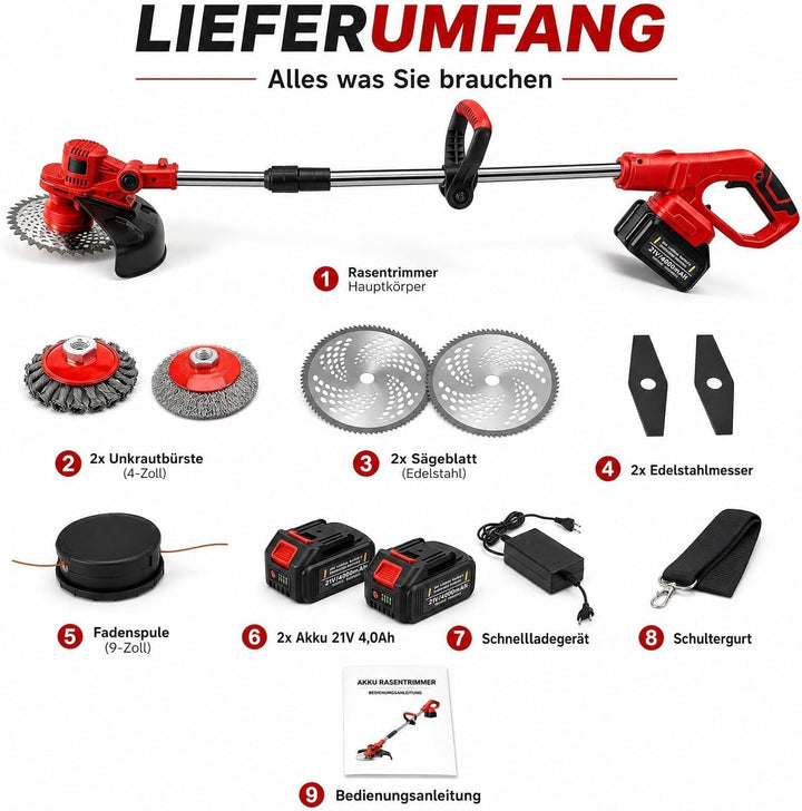 Akku Rasentrimmer mit Unkrautbürste, 21V 4,0Ah 4-in-1, Rot, Rot