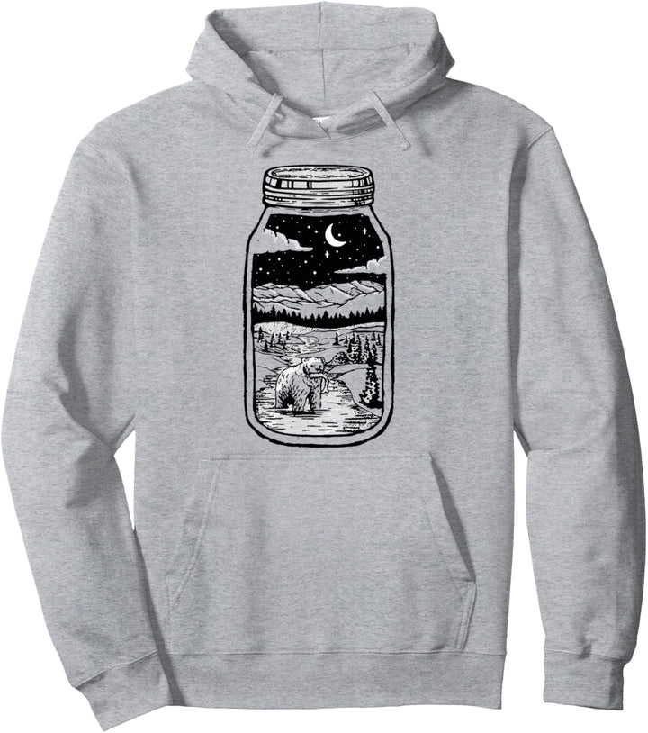 Moonshine Lover Jar Design - Bear, Moon &amp; Mountains Pullover Hoodie