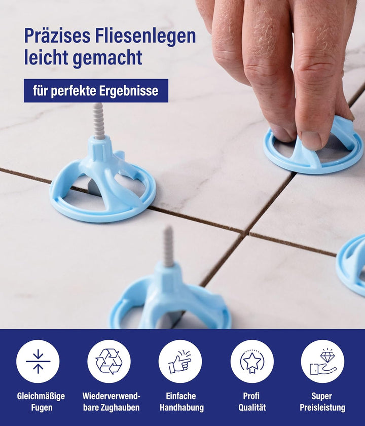 Nivelliersystem24 Starter-Set für 2mm Fugen 50 Zughauben + 150 Laschen im Eimer I Für 3-15mm Fliesen