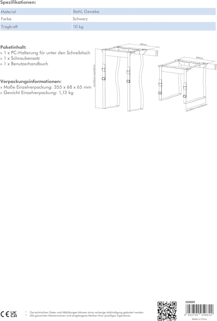LogiLink EO0009 Einstellbare Untertisch PC-Halterung mit Gurt PC-Halterung (Untertisch-Gurt), PC-Hal