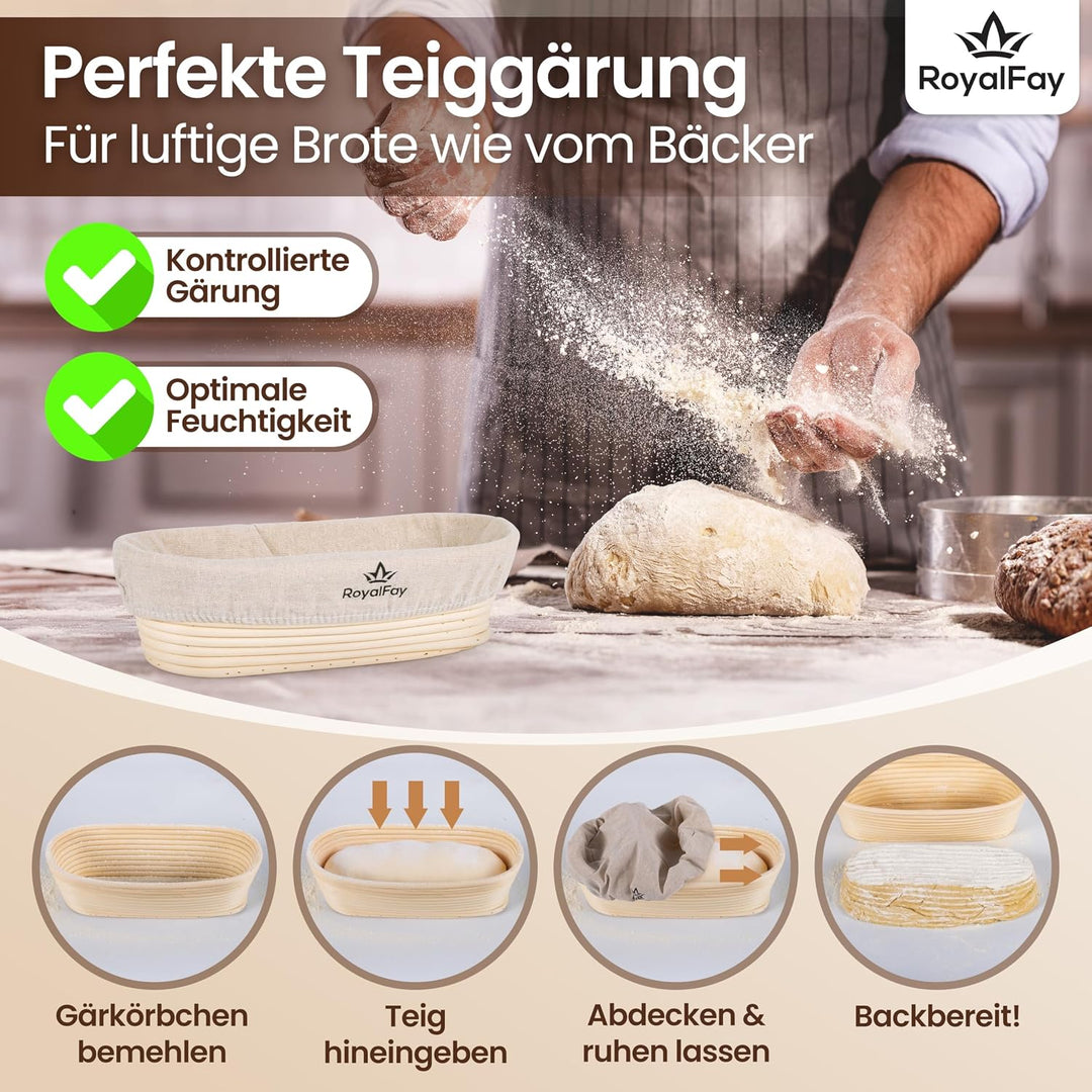 Gärkörbchen oval 28 cm – Brotform aus natürlichem, atmungsaktivem Rattan für 0,5 kg Teig – inklusive