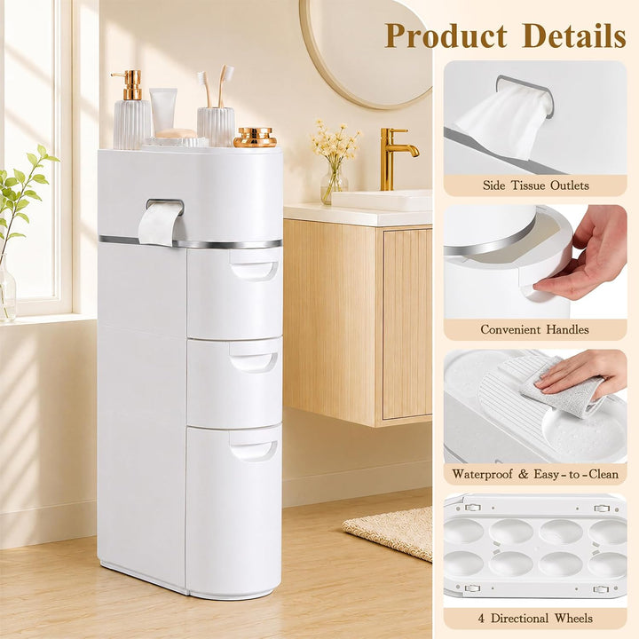 Schmale Badezimmerschrank mit Rollen, Ohne Montage, Weiss