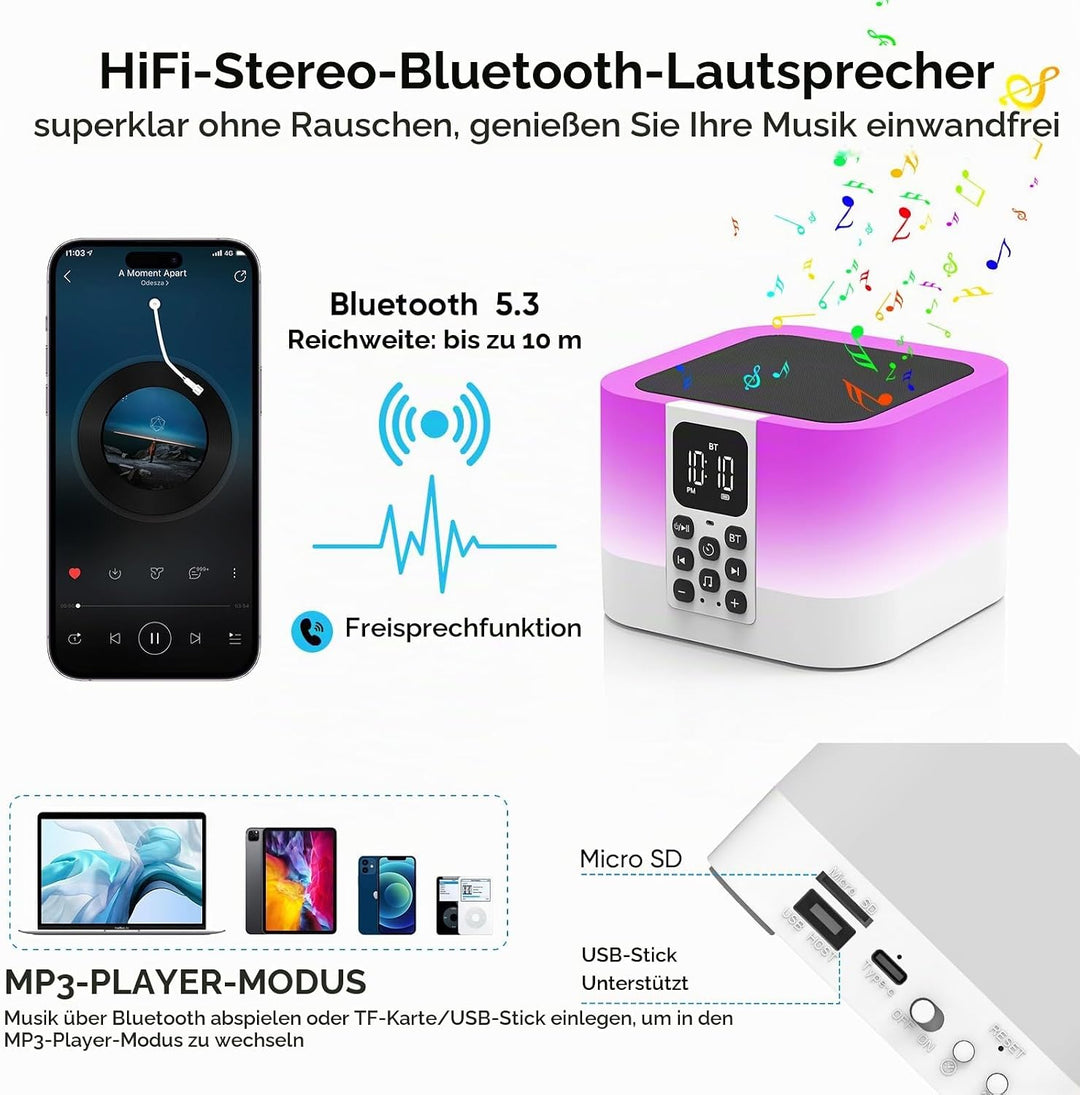 Bluetooth Lautsprecher mit Nachttischlampe Touch Dimmbar und Wecker Digital Weiss, Weiss