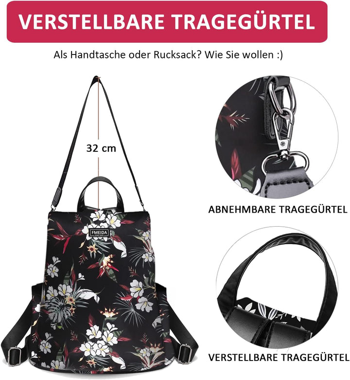 Fmeida Rucksack Damen Anti Diebstahl Nylon Handtaschen Wasserdichte 2 in 1 Schultertasche Casual Day