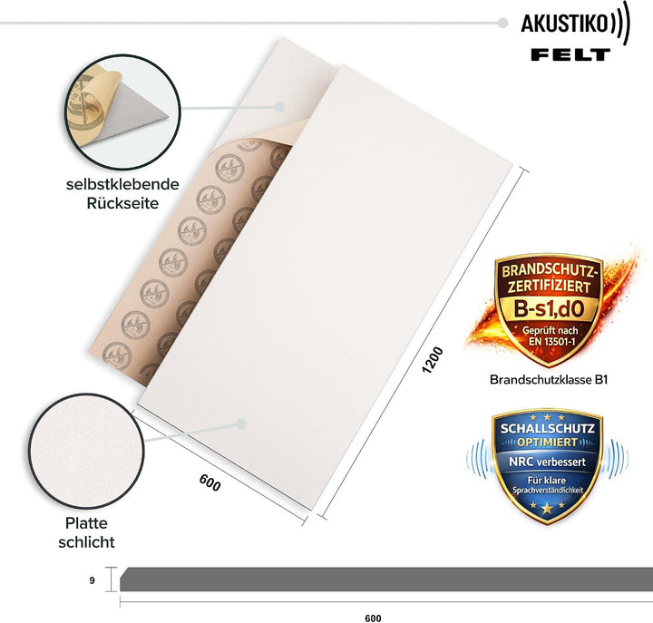 AKUSTIKO Akustikpaneele Selbstklebend 120x60cm - 2 Stück Warmweiss Akustik Wandpaneele Brandschutzkl