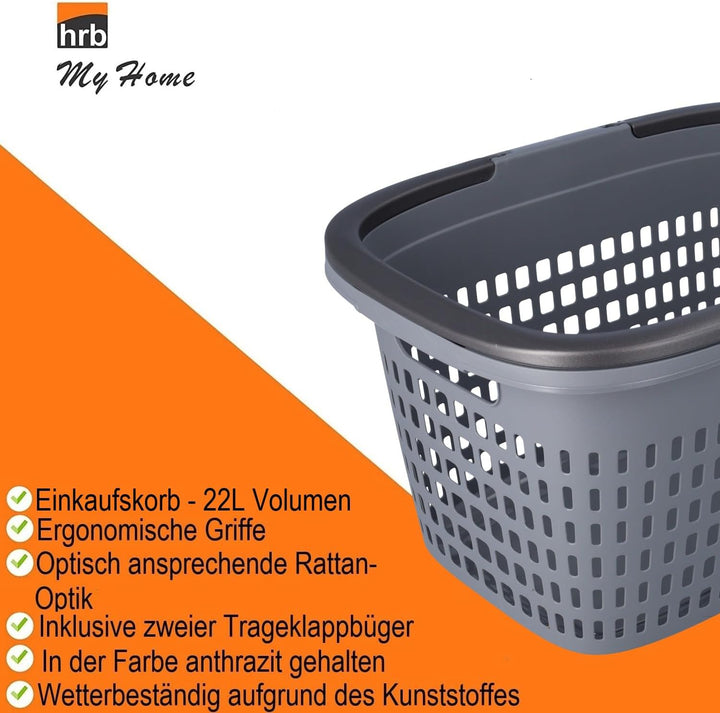 HRB 3er Set Einkaufskorb mit 2 Henkeln klappbar, Kunststoff, Anthrazit, Belüftungslöcher, 3