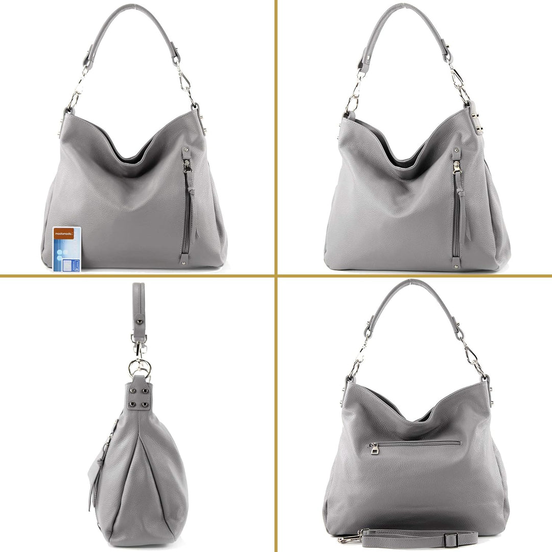 modamoda de - T183 - ital. Damen Schultertasche aus Leder Graugrün, Graugrün