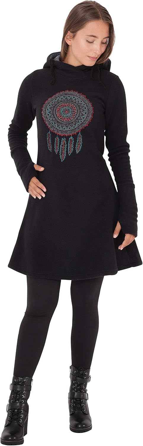 PUREWONDER Damen Kleid Fleecekleid mit Traumfänger und Kapuze dr31 S Schwarz, S Schwarz