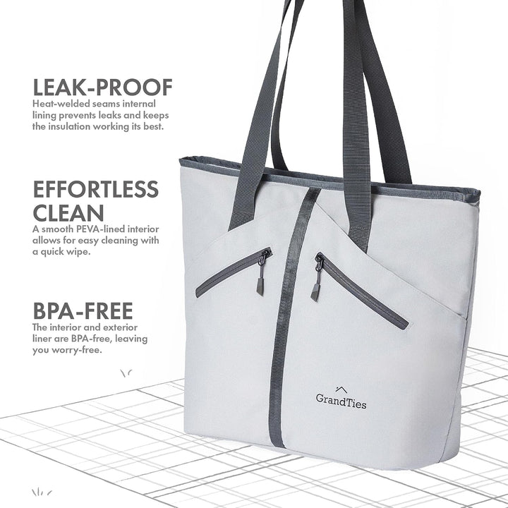 GRANDTIES Insulated Cooler Tote Bag 30 Can Large Capacity Durable Zipper Leakproof Outshell for Groc