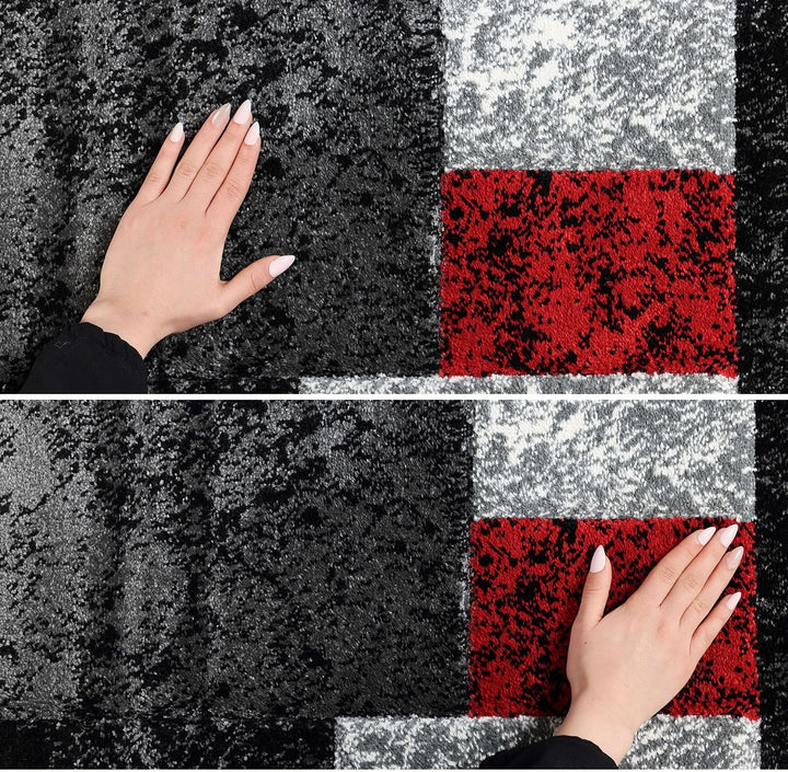 Carpetsale24 Teppich 240x340 cm XL Kurzflor Konturenschnitt in Schwarz Grau Rot Kariertes Design, Ex