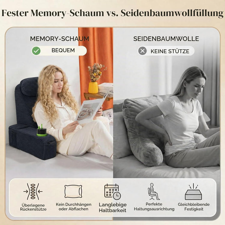 Lesekissen für Erwachsene - Rückenkissen fürs Bett mit abnehmbaren Armlehnen, Getränkehalter &amp; Handy