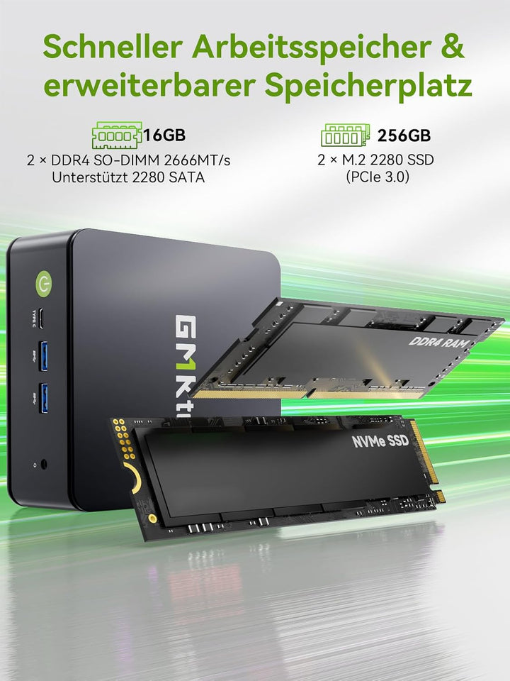 GMKtec Mini PC AMD Ryzen Embedded R2514, 3-Jahre-Support, 4C/8T bis 3,7 GHz (Beats 3500/N95/N150) 16