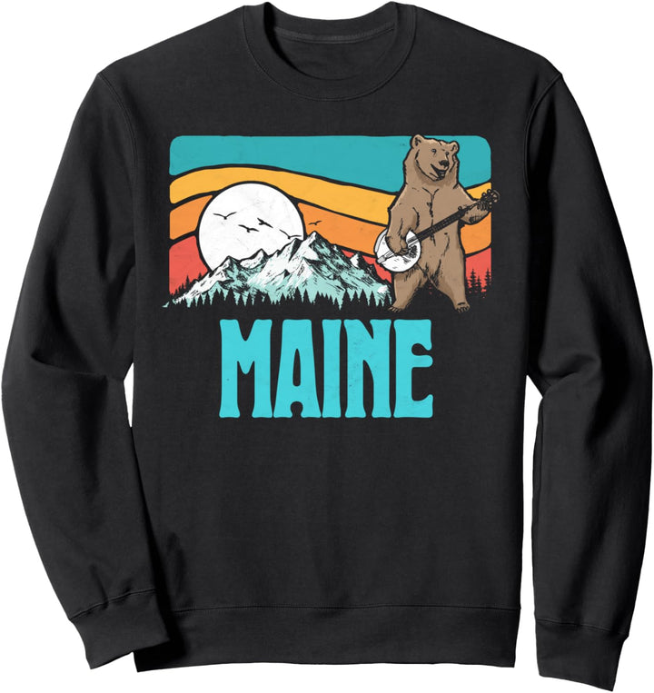 Maine Mountains Bluegrass Banjo Bear Funny Graphic Sweatshirt