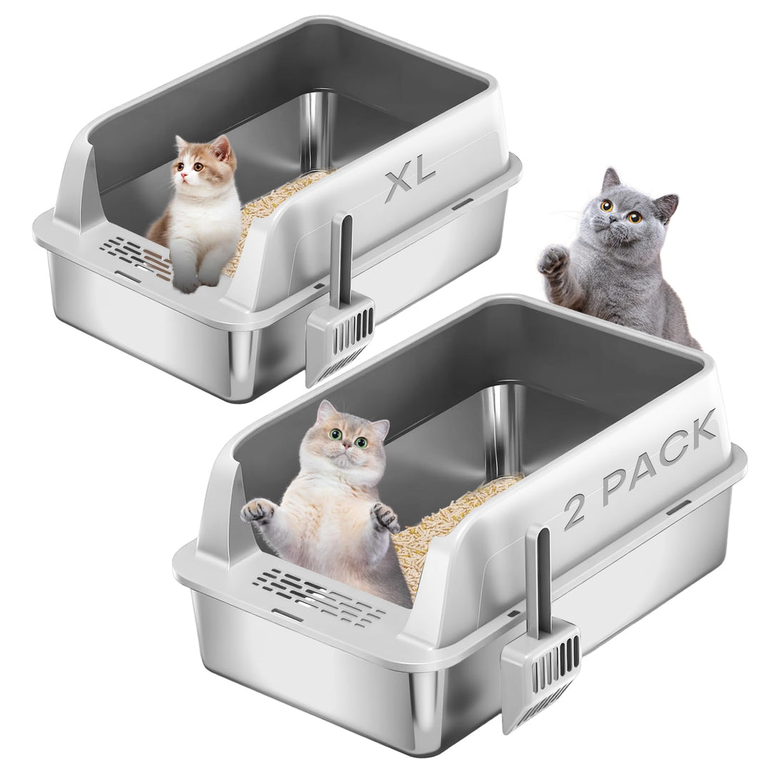 Homegroove 2er Set Edelstahl Katzenklo, 58 x 38 x 28 cm XL Metall Toilette für grosse Katzen mit Dec