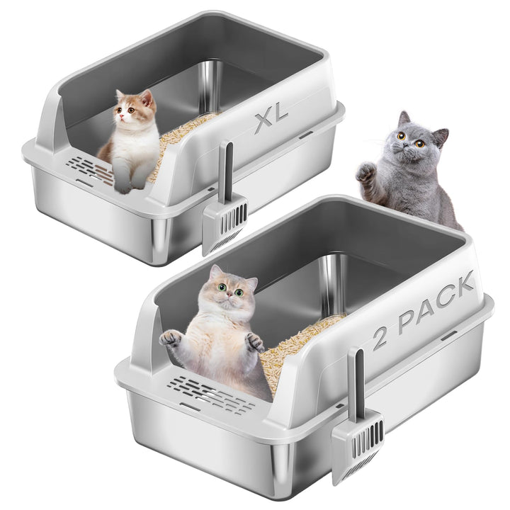 Homegroove 2er Set Edelstahl Katzenklo, 58 x 38 x 28 cm XL Metall Toilette für grosse Katzen mit Dec