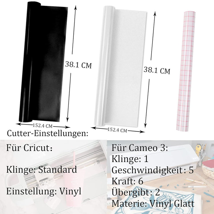 HTVRONT Vinylfolie Plotter Rollen 30.48cm x 152.4cm Matte Schwarz und Weiss Plotterfolie Selbstklebe