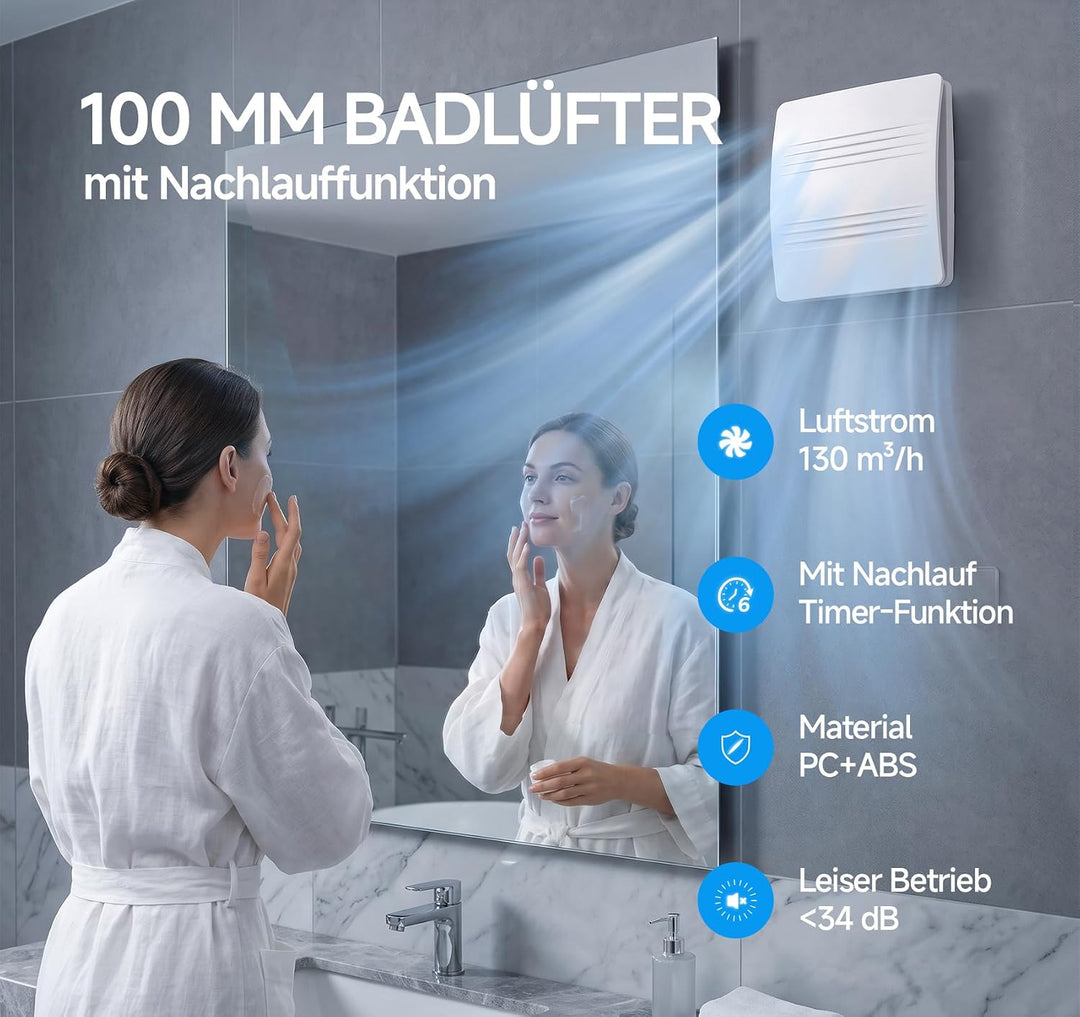 MOCINE Badlüfter 100 mm, Badezimmer Abluftventilator mit Nachlaufsteuerung 100mm-B05, 100mm-B05