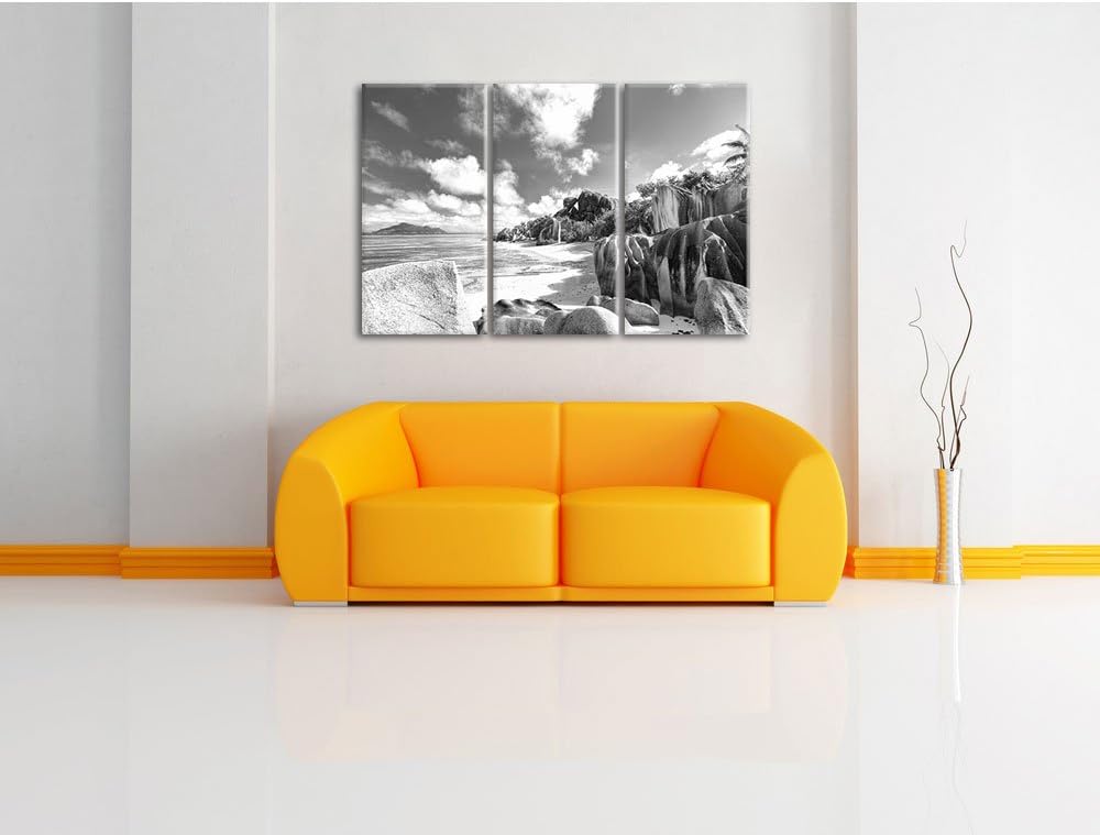 Pixxprint Seychellen Strand Kunst B&amp;W 3-Teiler Leinwandbild 120x80 Bild auf Leinwand, riesige Bilder