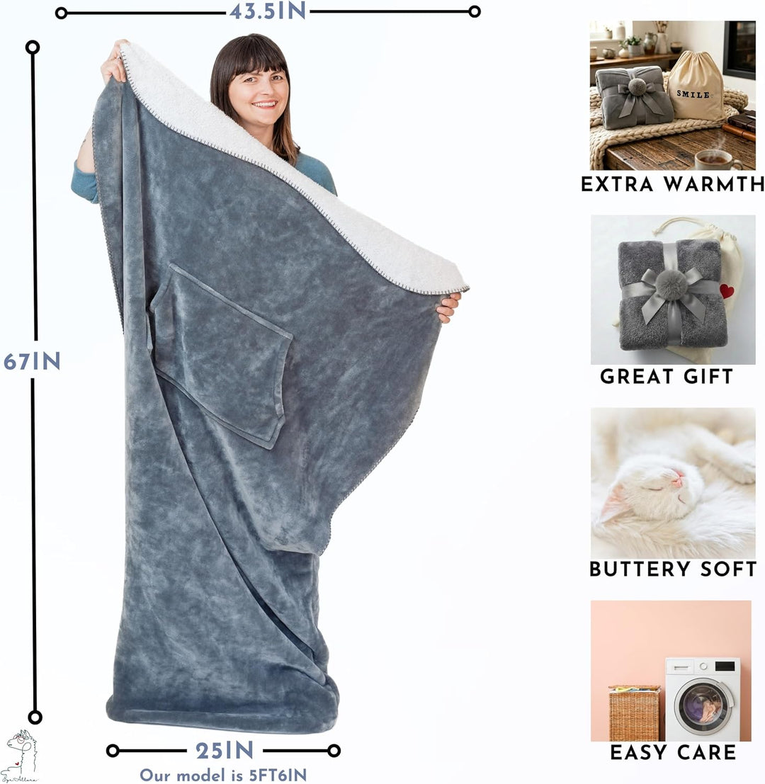 EzrAllora Premium Doppellagige Fusstaschen-Decke mit Beuteltasche – 170 x 101 cm – Sherpa-Fleece ext