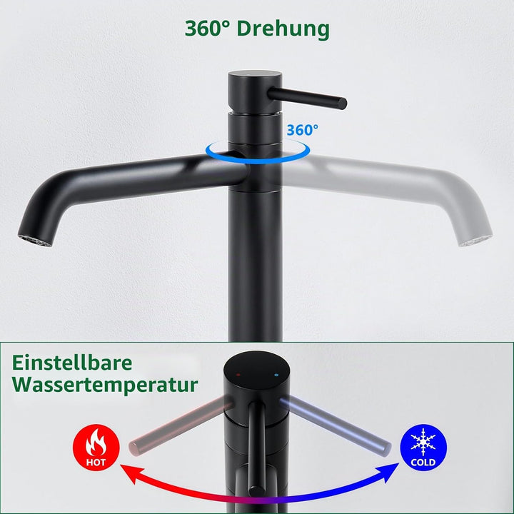 Waschtischarmatur Hoch, 360°Drehbarer Wasserhahn Bad, Hoher Auslauf Mischbatterie für Aufsatzwaschbe