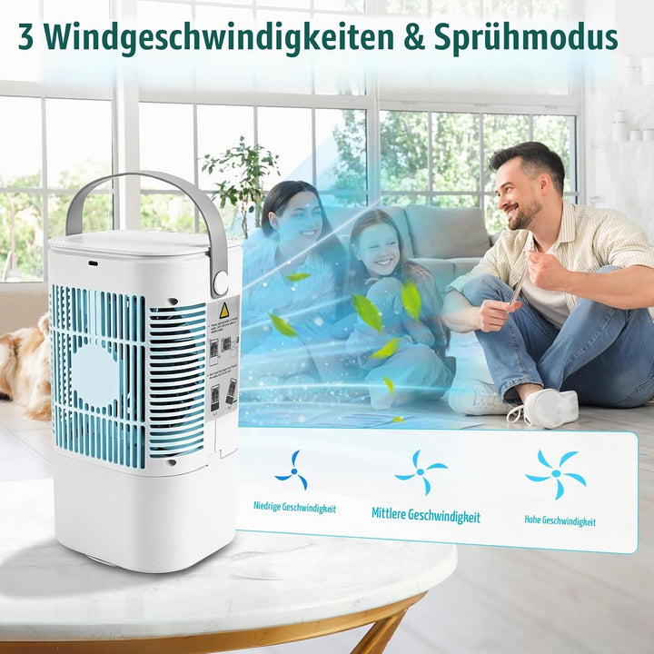 Mobile Klimaanlage mit 900ml Wassertank, Ventilator | 2/4 h Timer, 3 Windgeschwindigkeiten, Sprühfun