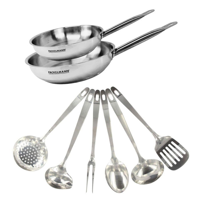 Fackelmann 2er-Set Pfannen aus Edelstahl 18/8, 24 und 28 cm, mit 6 Utensilien, für alle Herde und In