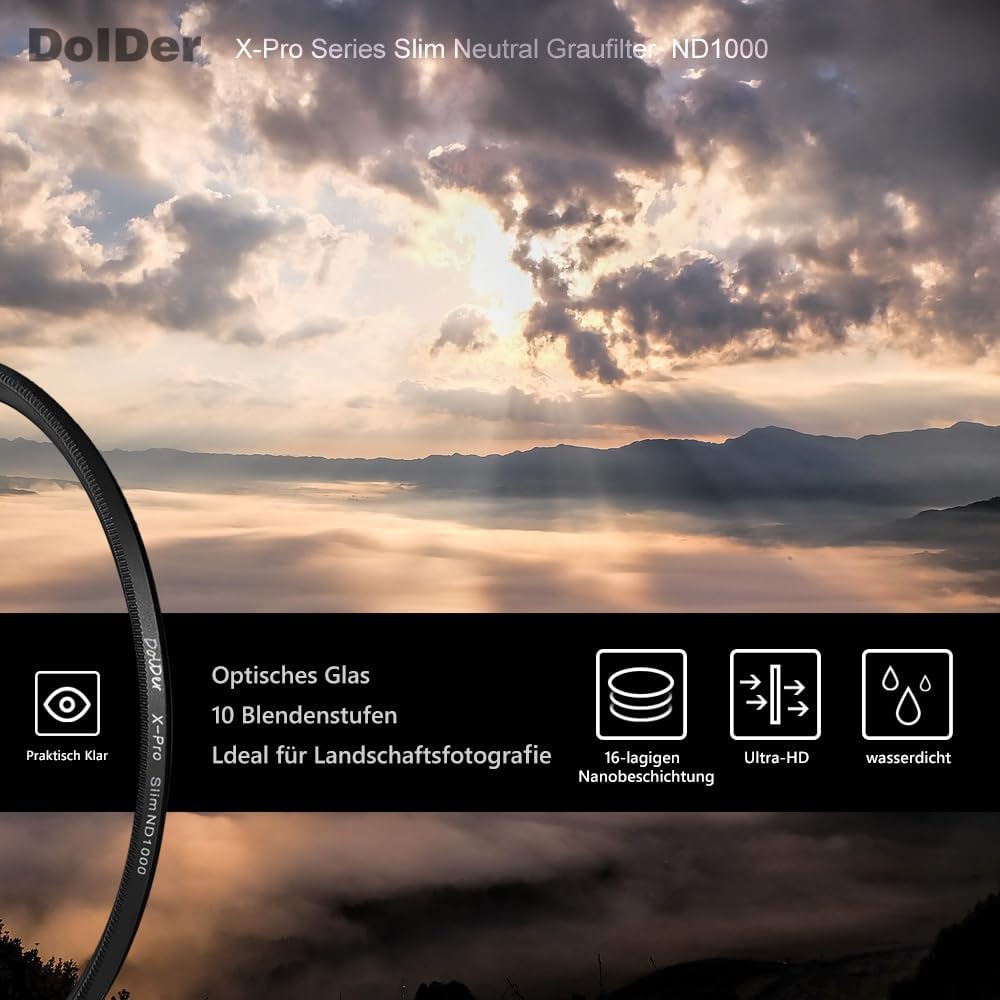 ND1000 Filter, X-Pro Series Slim Neutral Graufilter ND1000 (10 Stops) Objektivfilter mit 16 Nanobesc